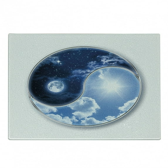 Space Cutting Board, Yin Yang World Moon and Sun Harmony of the Universe Art Print, Decorative Tempered Glass Cutting and Serving Board, Small Size, Navy Blue Sky Blue White, by Ambesonne