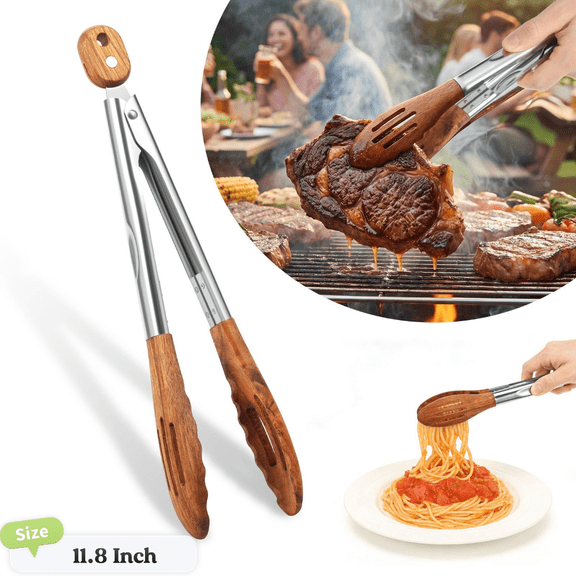 Fkszll Kitchen Wooden Tongs for Cooking - Nonstick Kitchen Salad Tongs Size 11.8 Inch Ergonomic Stainless Steel Non-Slip Grip Heat Resistant Pull Lock