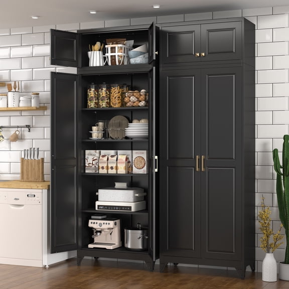 SteeLoong 90"H Black Modern Metal Pantry Storage Cabinet with Doors and 4 Adjustable Shelves for Living Room Kitchen and Home
