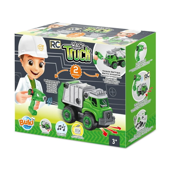 Buki France Camion Poubelle R/C - Choisissez Deux Modèles à Assembler! Construire et Conduire! Faire des Sons! Tournevis Électrique Se Transforme en Contrôleur!, Petit
