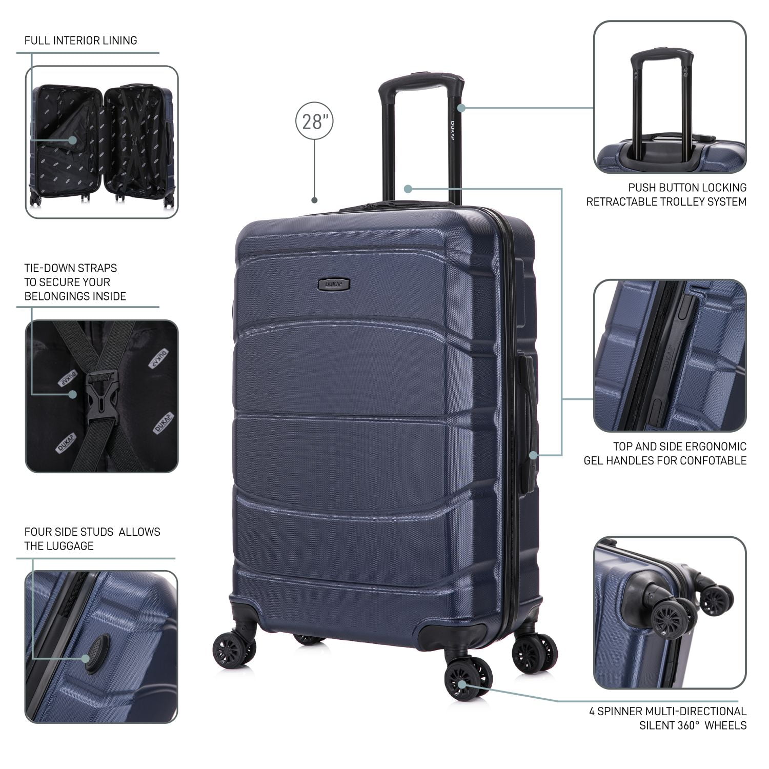 DUKAP SENSE 28" Hardside Lightweight Checked Luggage with Spinner Wheels, Handle and Trolley, Blue