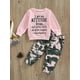 thumbnail image 3 of Conjunto de dos piezas para bebé niña: sudadera de manga larga con estampado de letras y pantalones elásticos con estampado de camuflaje., 3 of 9