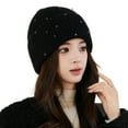 thumbnail image 6 of Kripyery Fall Winter Women Beanie Thickened Knitted Rhinestone Decor Soft Warm Elastic No Brim Solid Color Anti-slip Windproof Lady Dome Cap, 6 of 8