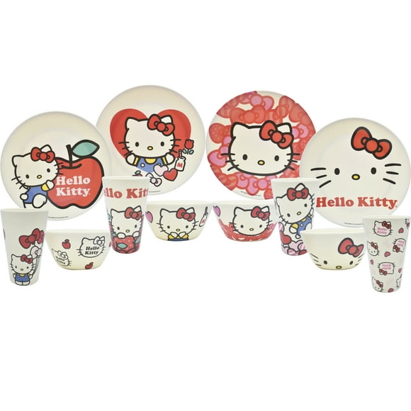 Juego Vajilla Familiar Coleccionable de Bambú Ambient 21 Diseño Hello Kitty 12 Piezas Blanca con Caja de Regalo