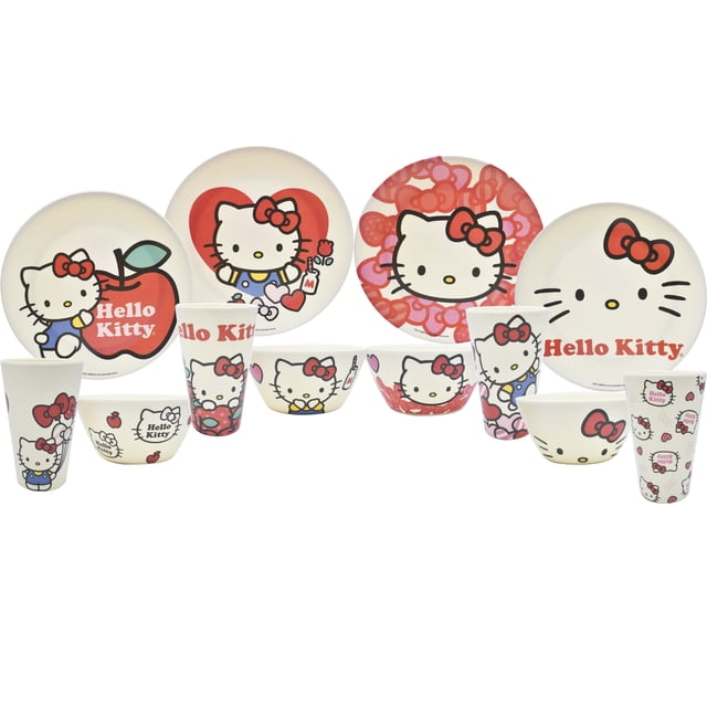 Juego Vajilla Familiar Coleccionable de Bambú Ambient 21 Diseño Hello Kitty 12 Piezas Blanca con Caja de Regalo