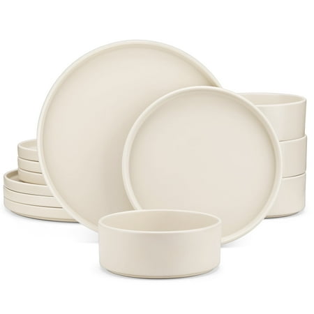 MALACASA 12 Piece Dinnerware Sets, Plate and Bowl Sets for Kitchen, Porcelain Dinner Set for 4, Cream