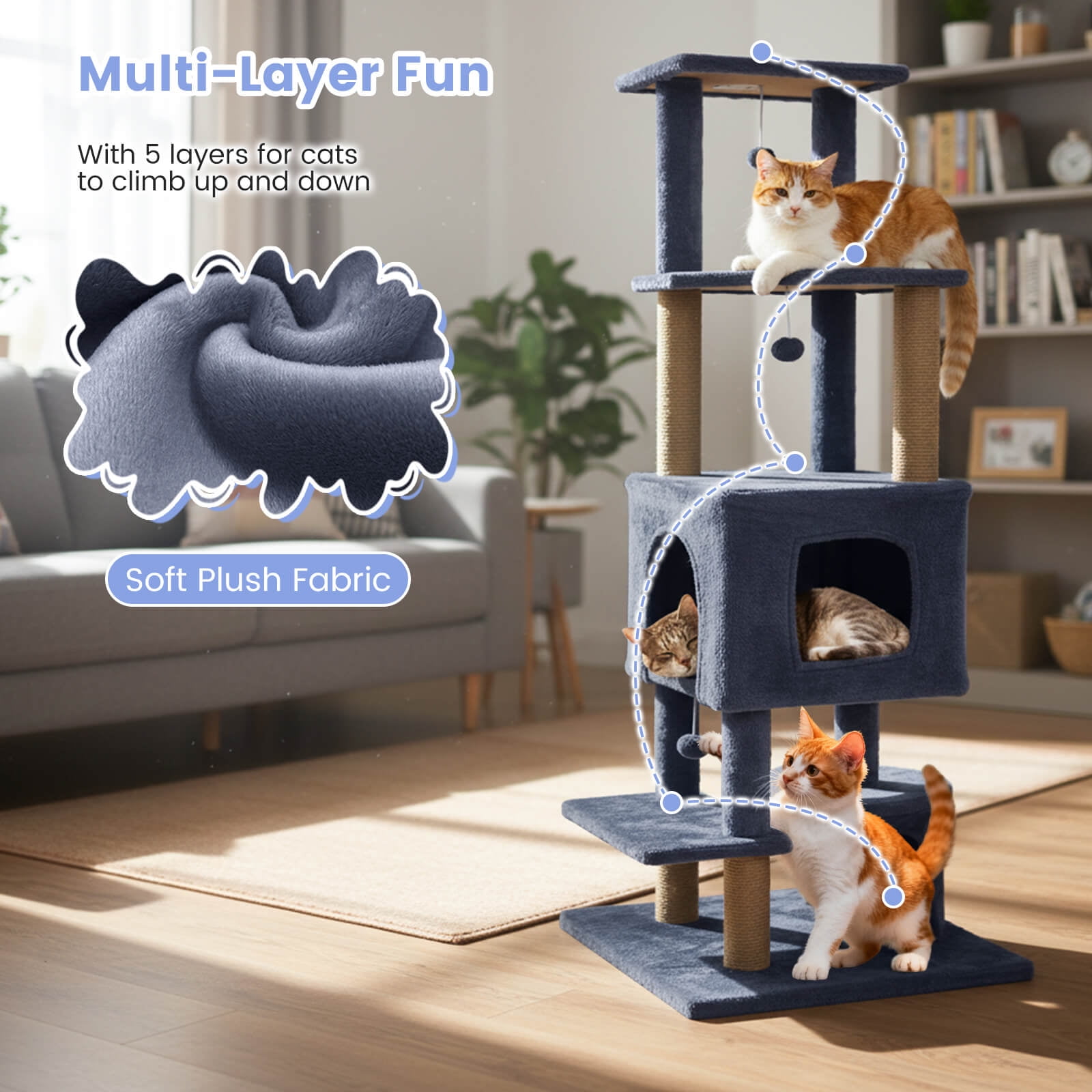 Costway 64” Tall Cat Tree with 2 Large Condos, Jute Scratching Posts, Plush Top Perch Dark Gray