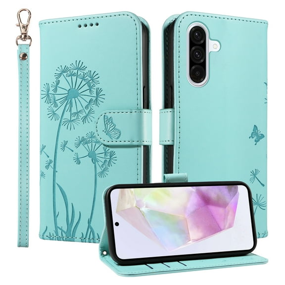 TECH CIRCLE Embossed Dandelion Series Flip Wallet Phone Case for Galaxy S25 Edge (6.7", 2025) with Wrist Strap, Slim Fits and Lightweight, PU Leather Protective Folio Fold Stand Case, Green