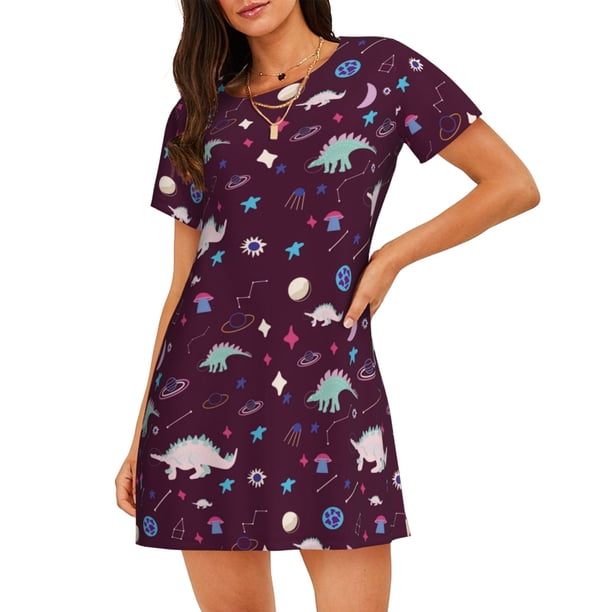 Fotbe Space Dinosaur Bata de Dormir para Mujer con Estampado, Camisón de Algodón de Manga Corta, Ropa de Dormir Casual