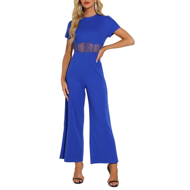 INSPIRAR CHIC Mono de Mujer de Manga Corta Cuello Redondo Malla Transparente Casual Pantalones Anchos S Azul Real