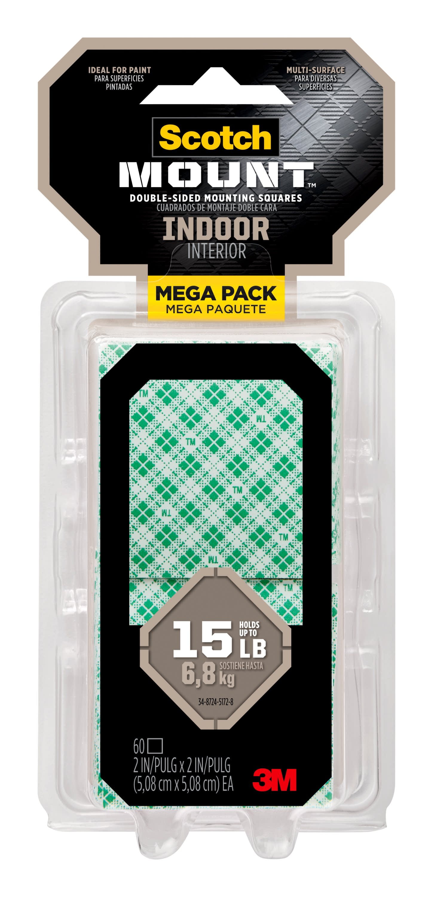 Scotch Indoor Double Sided Mounting Squares, 2 in, Clear, 60 Squares