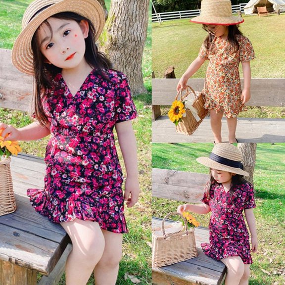 Toddler Little Girls Short Casual Dress Cotton Spring Summer Short Sleeve Swing Knee-Length Dress 4-5 Years