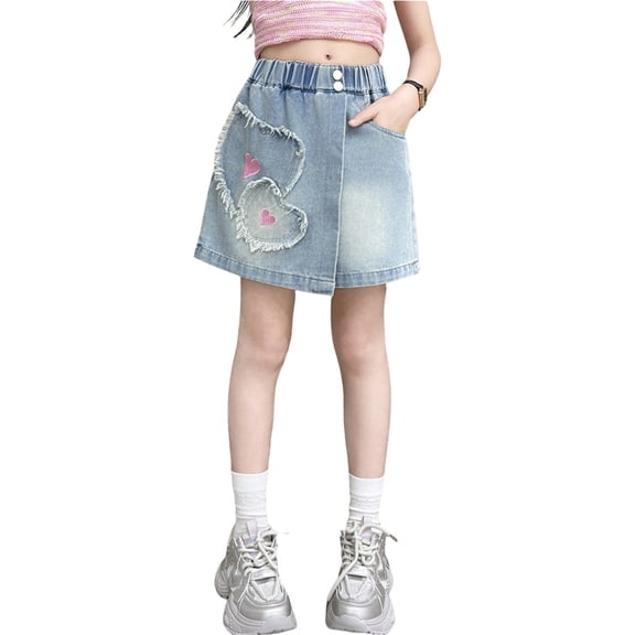 LIIPEE Girls Denim Skirt Casual Summer Heart Embroidery Raw Edge Elastic Waist Skirts With Pockets Kids Fashion Versatile Loose Cute Daily Skorts,7-8 Years