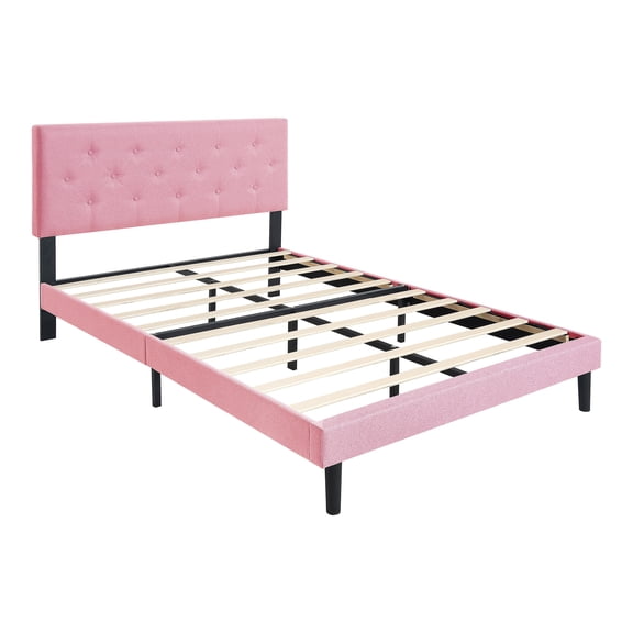 Full Upholstered Platform Bed Frame Button Tufted Linen Headboard Wood Slats No Box Spring Pink