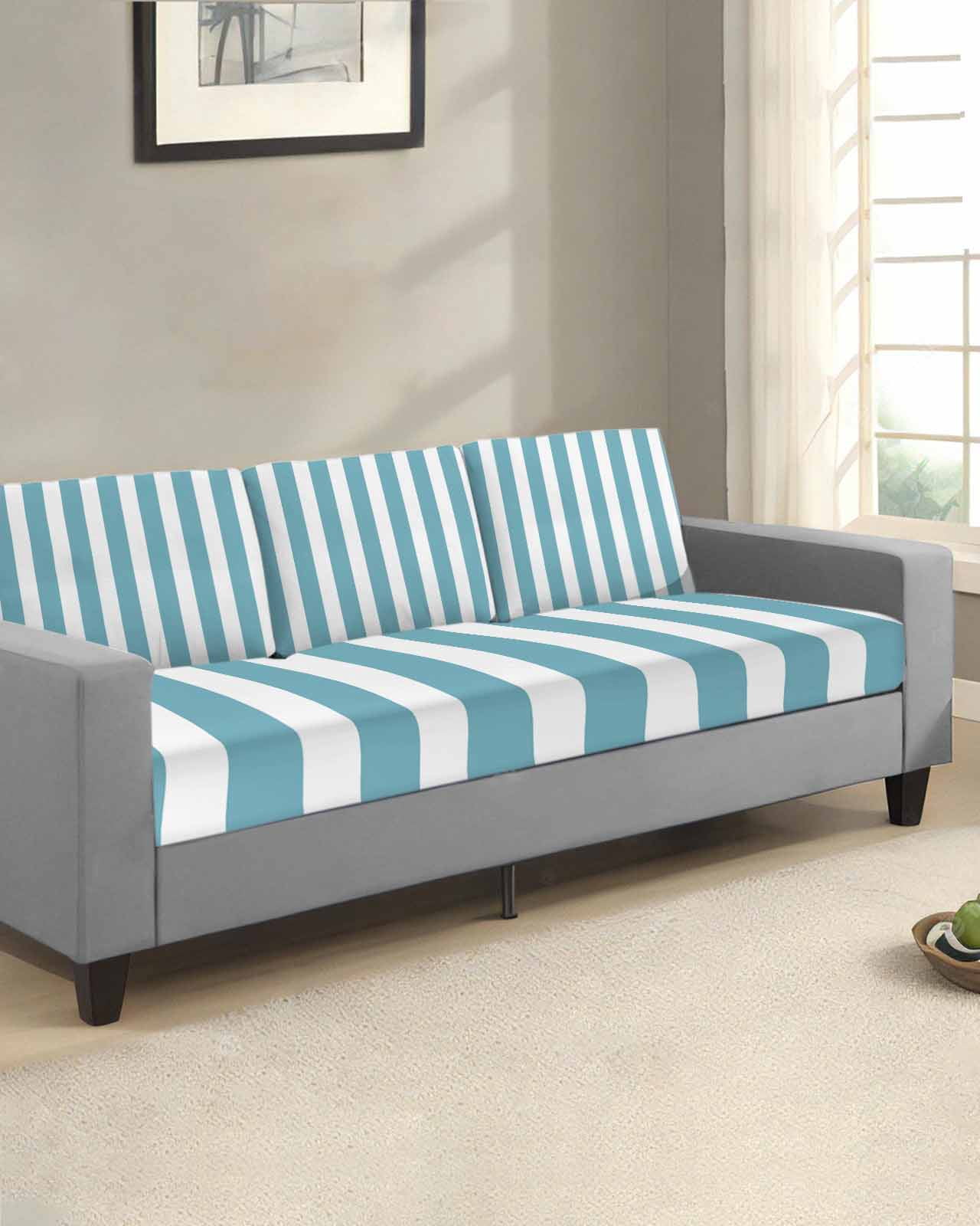 Aqua Striped Couch Cushion Covers,Stretch Seat Cushion Covers for Sectional Sofa,Modern Farmhouse Blue White Stripes Individual Sofa&nbsp;Slipcovers Furniture Protector with Elastic&Straps 1Pcs,S