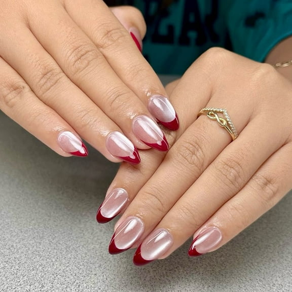 30 Pcs French Tip Press On Nails Short Almond False Nails Cats Eye Acrylic Nails Glossy Full Covers on Nails