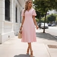 thumbnail image 5 of EASYBRAUS Chiffon Midi Dress V-Neck Short Sleeve Casual Leisure Pink S-XL, 5 of 6