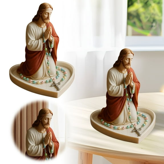 Mary Rosary Holder Elegant Our Lady Prayer Rosary Box Religious Gift Catholic Devotional Display for Bedroom Living Room Office Desktop Decoration with Jesus Heart Statue Tray
