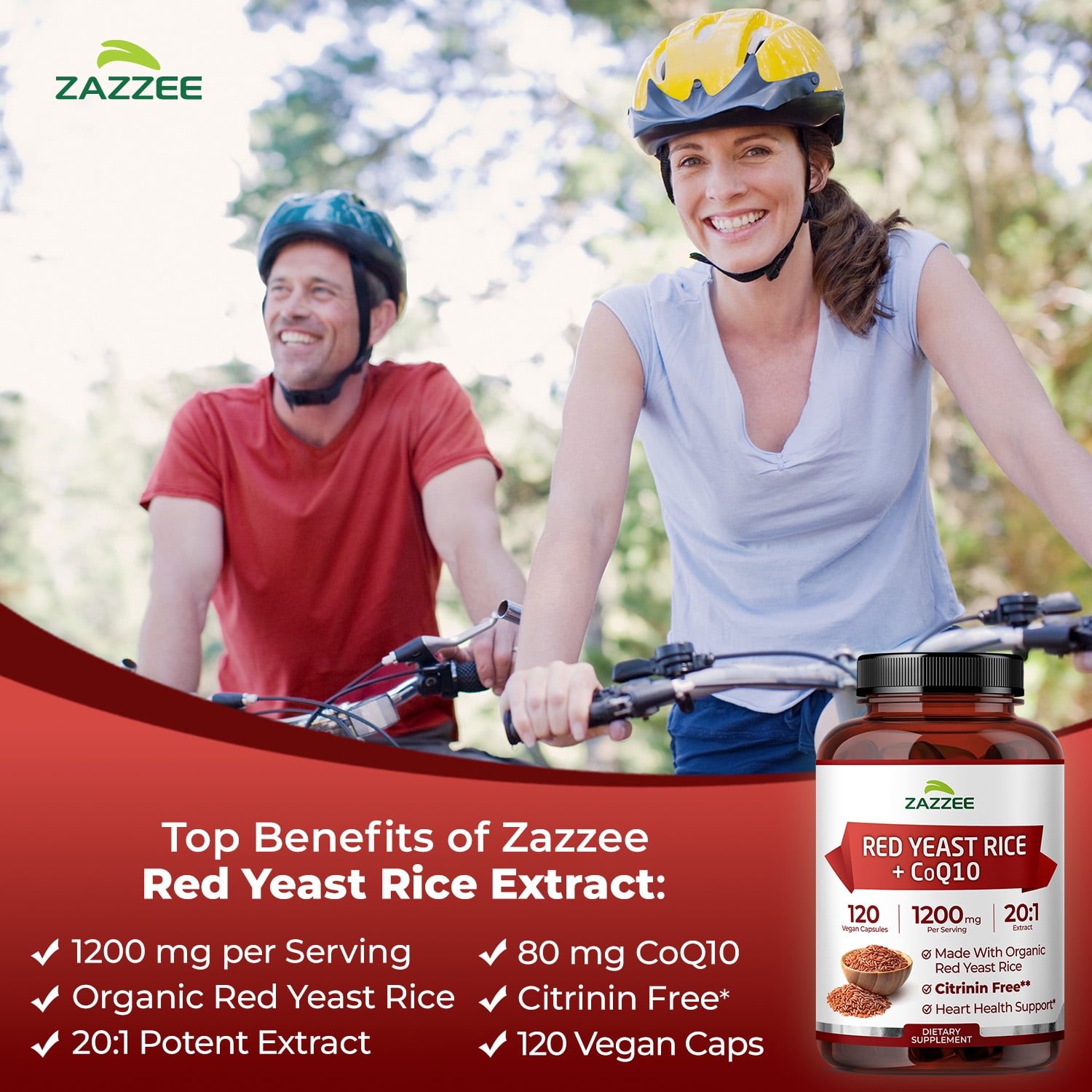 Zazzee Organic Red Yeast Rice 1200 mg – Supports Heart Health & Cholesterol – 20:1 Extract