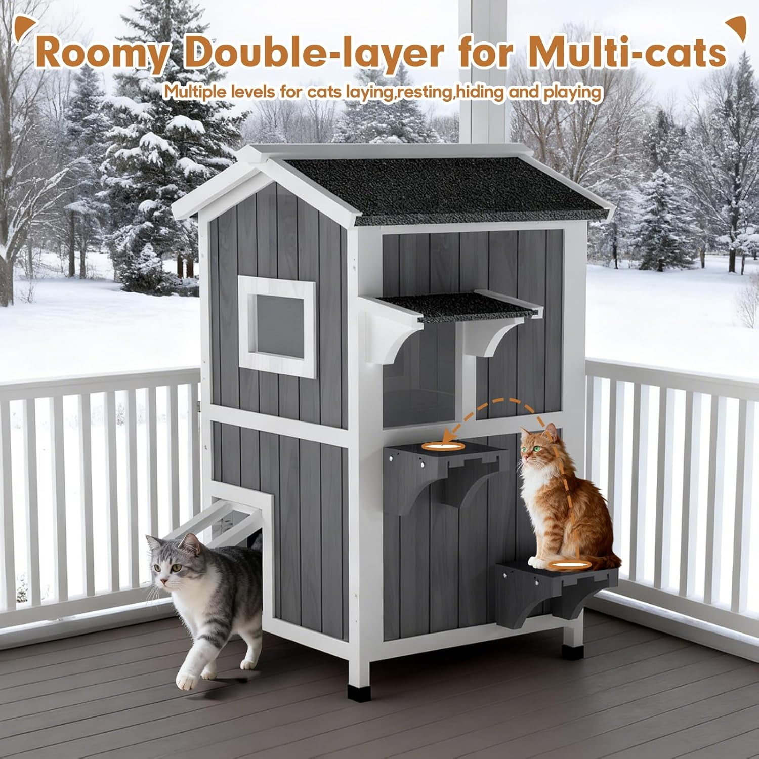 Gowoodhut Insulated Outdoor Cat House with  2 Story Weatherproof Elevated Outside Cat Shelter