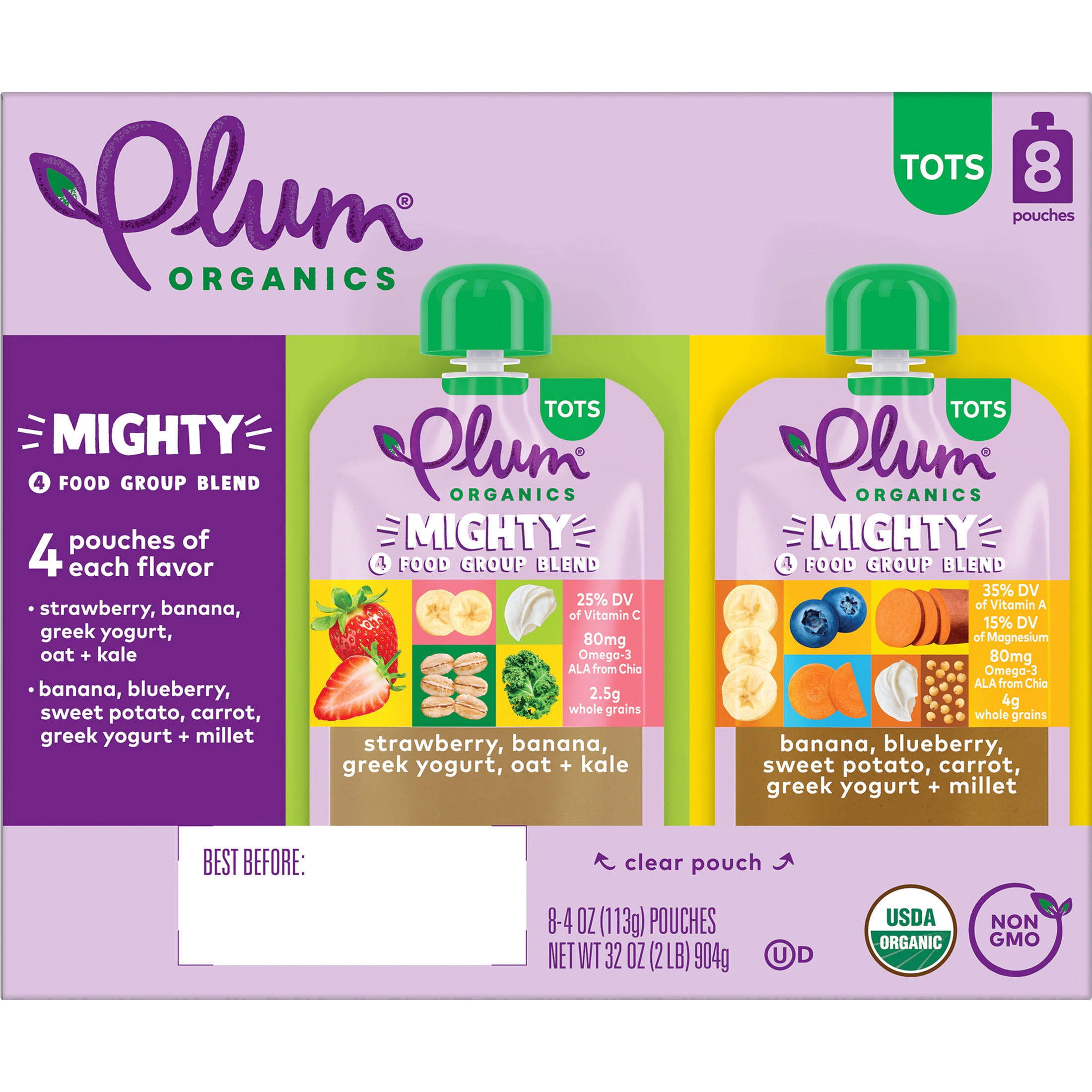 (3 pack) Plum Organics® Tots Mighty 4 Food Group Blend Strawberry/Banana & Banana/Blueberry 4oz Pouch-8-Pack
