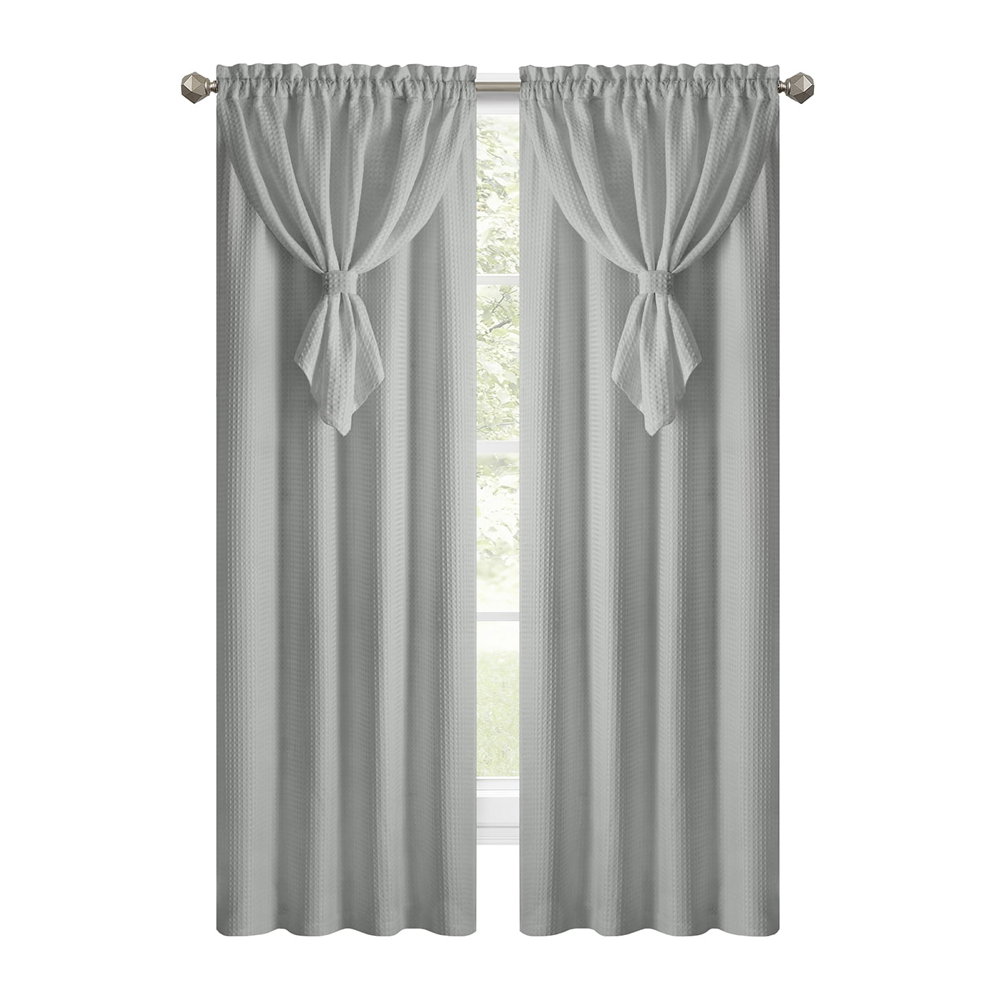 PowerSellerUSA Rod Pocket Blackout Window Curtains Panel with Attached Valance All-In-One 1-Piece Neutral Texture Home Curtains Set for Elegance, 42" x 84", Silver