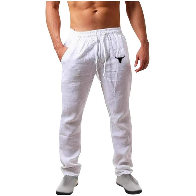 HomeGardon Linen Pants Men with Pockets Open Bottom Drawstring Elastic Waist Casual Loose Outdoor Fitness Running Trousers,Sizes S-5XL
