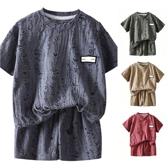 SGMVNU Boys Summer Fashion Shorts Set Distressed Ripped Short Sleeve Shirt and Matching Shorts 2 Piece Casual Outfits, Size 7-8 Years, Grey