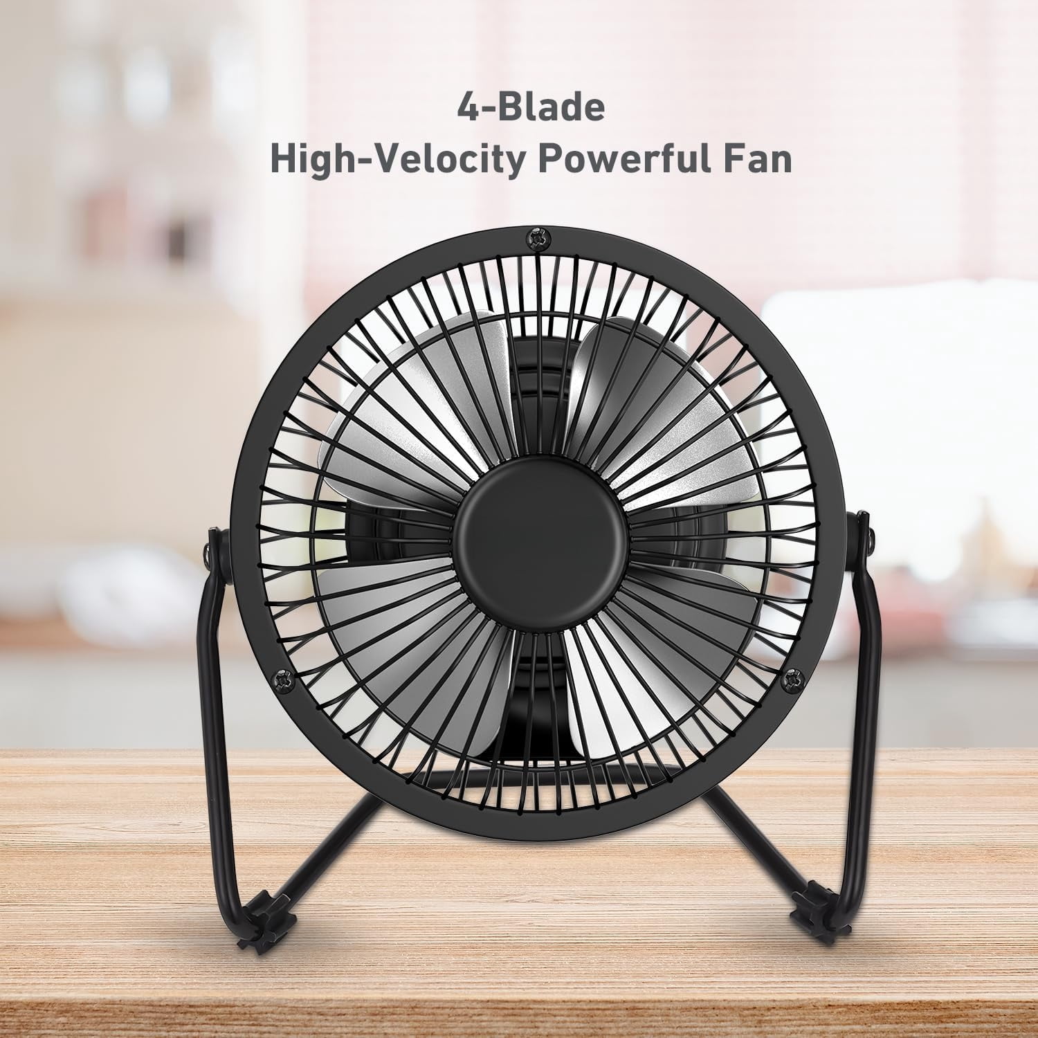 4" Mini High-Velocity Personal Desk Fan, 4 Blades, Adjustable 360° Head Tilt, Durable Metal Construction, Single Speed, Ideal for Home, Dorm Rooms, Bedrooms, or Offices, Black