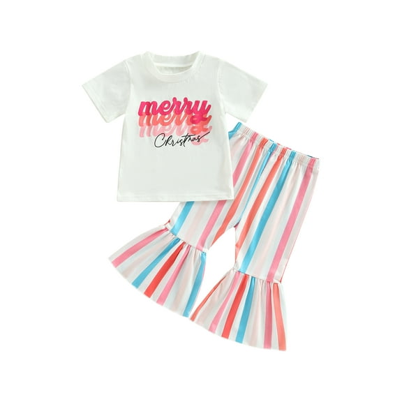 Bagilaanoe 2Pcs Toddler Baby Girl Christmas Outfits Letter Print Short Sleeve T Shirt Tops Stripe Flare Trousers 6M 12M 18M 24M 3T Kids Long Pants Set