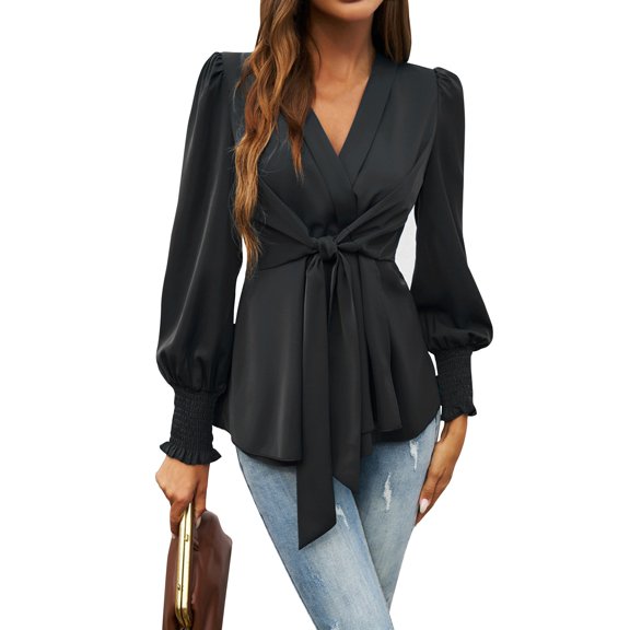Women's Belted Waist Shirt, Solid Color V Neck Tie Front Fitted Blouse, Elegant Office Wear, Black - 2XL