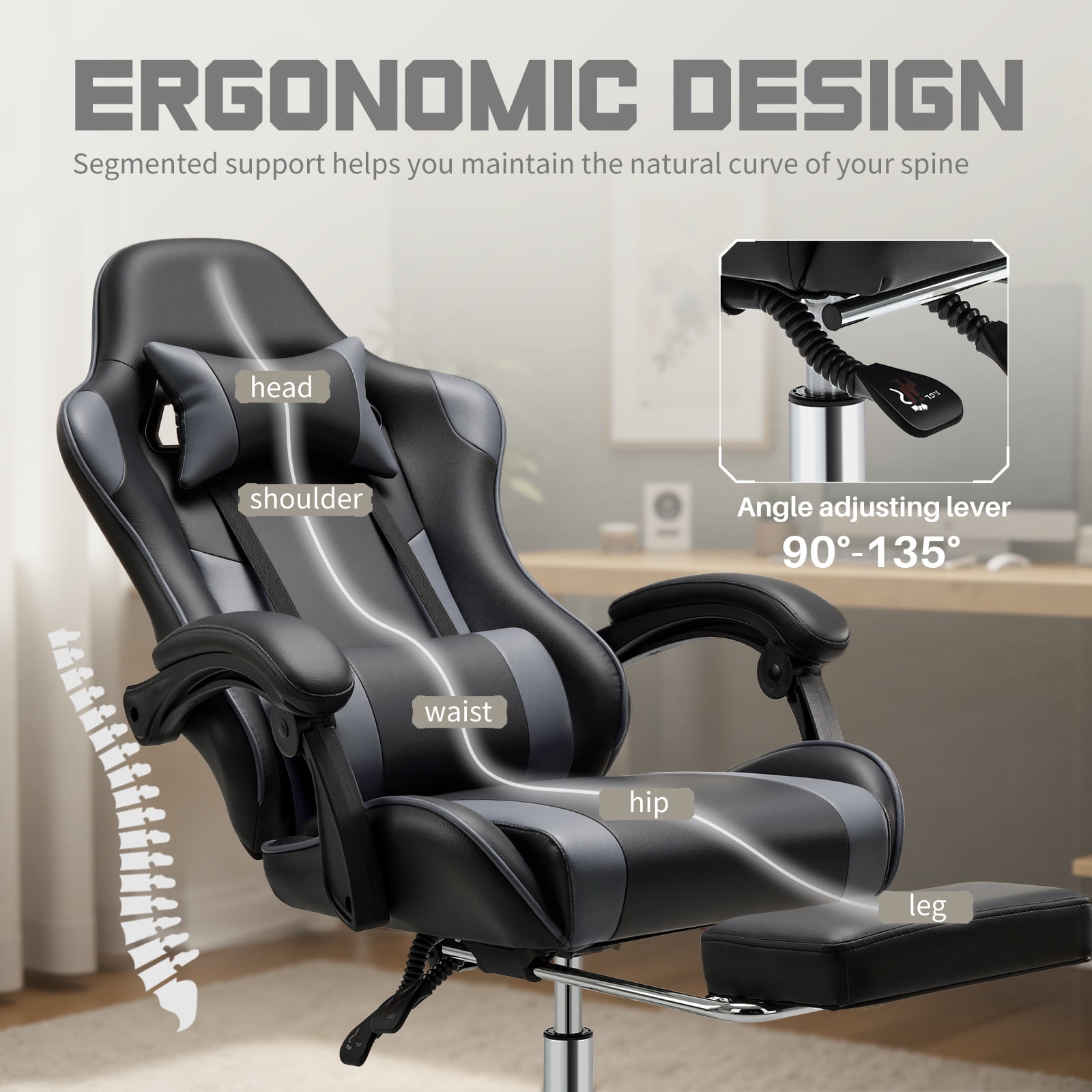 MCQ Computer Chair, Home Office Chair with Footrest and Lumbar Support for Office, Game Room, Black Gray