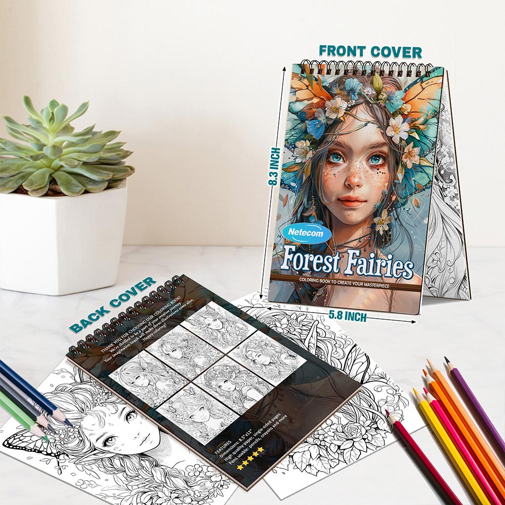 Netecom Forest Fairies Coloring Book Spiral Bound For Adults, A5 Wooden Cover, 30 Enchanting Coloring Pages of Fairies Amidst Magical Forests and Blossoms for Relaxation and Stress Relief