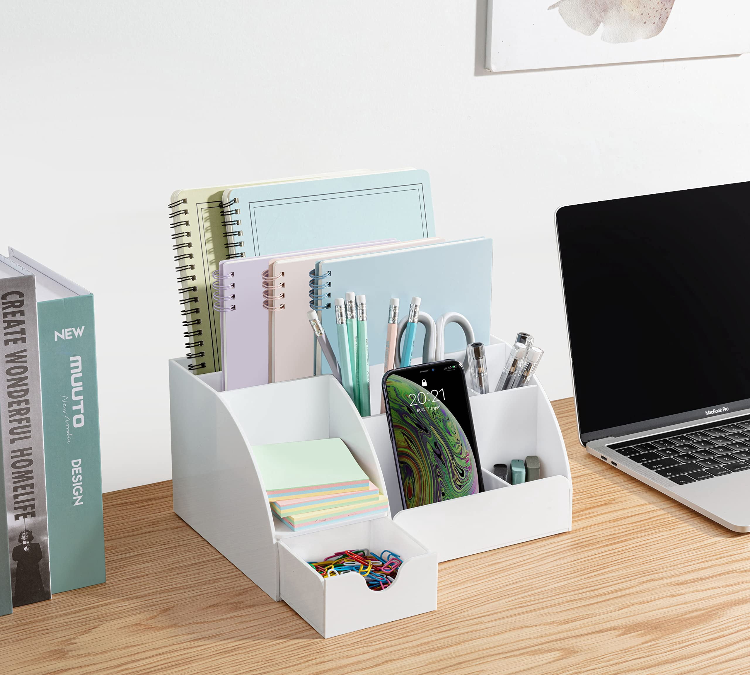 White Desktop Organizer - 9 Compartment Office Desk Accessories Pen Holder