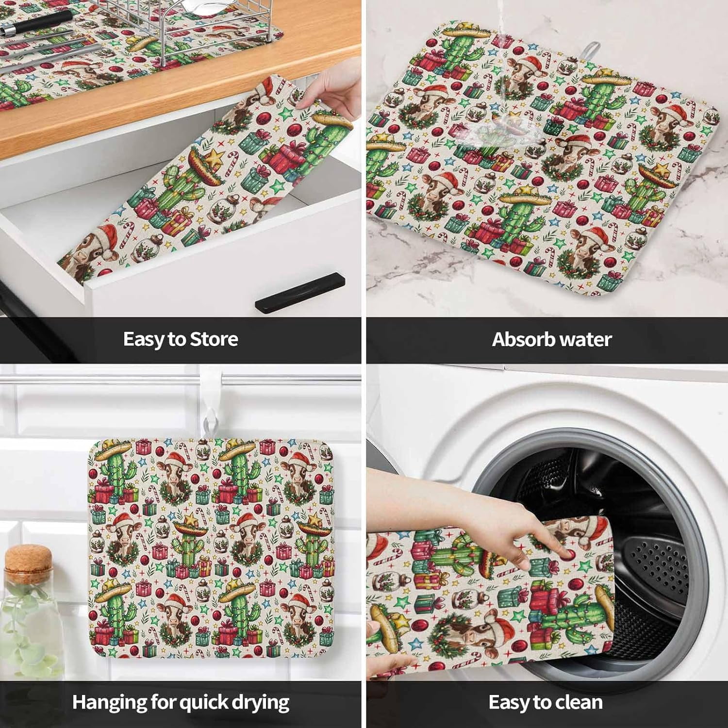Christmas Dish Drying Mat for Kitchen Counter, Western Cow Cactus Xmas Balls Botanical Rustic Baby Bottle Microfiber Drying Pad, Absorbent Coffee Cup Dishes Drainer Mats 16"x18", 2 Pcs