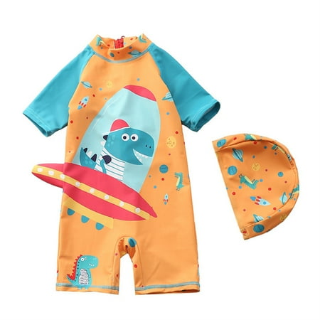 

Boys Rashguard Short Sleeve with Swim Cap Sets Dinosaurs Print One-piece Rash Guard Swimwear for Little Boys (1-6) Swimsuits Bathing Suit 5-6 Years