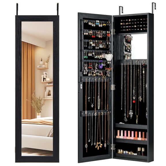 Furnibear Full Length Mirror Jewelry Cabinet, Wall Door Mounted Jewelry Armoire Organizer with Hooks, Black