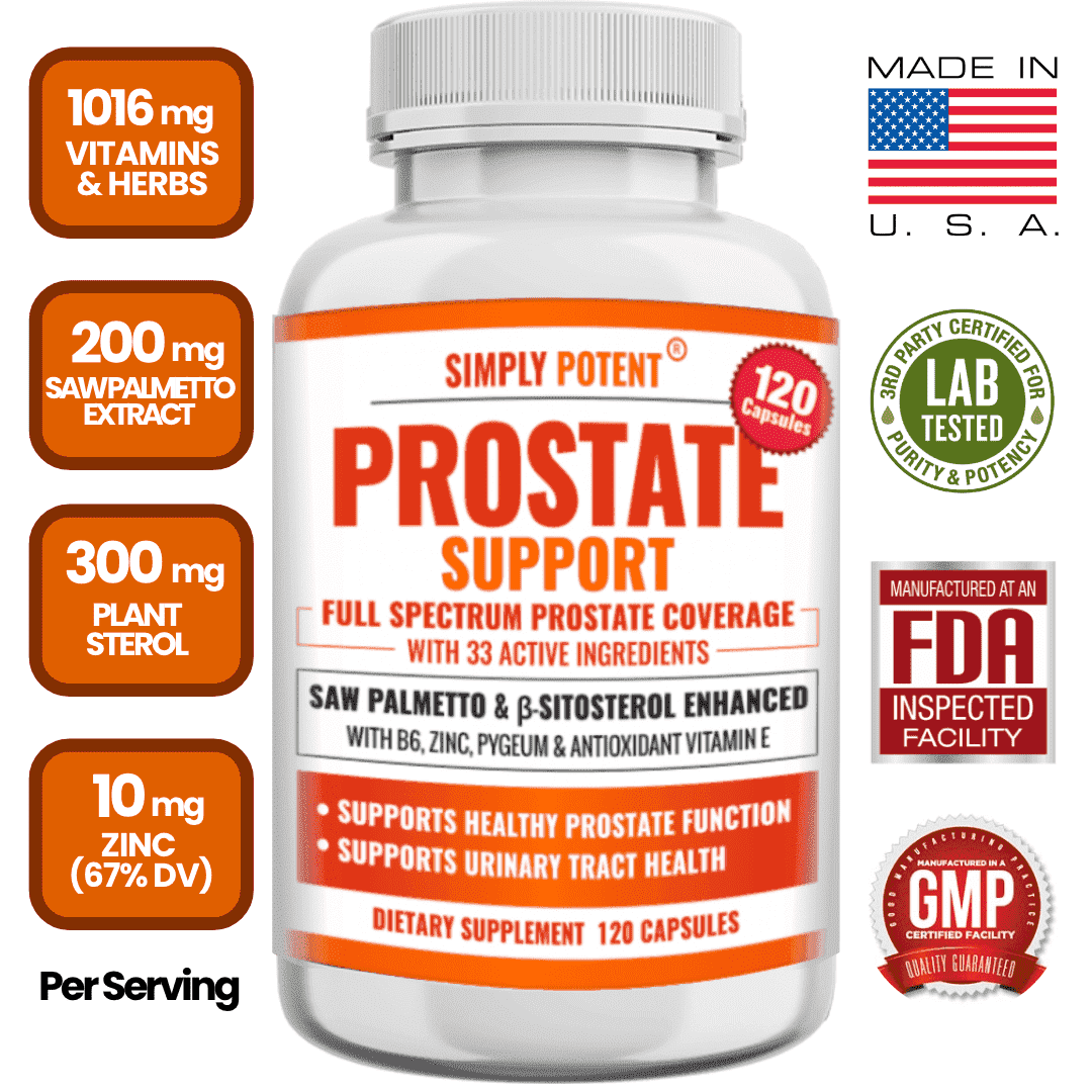 Simply Potent Prostate Support Supplement for Men, 120 Capsules – Enhanced Formula with Saw Palmetto, Beta-Sitosterol, Zinc, Pygeum