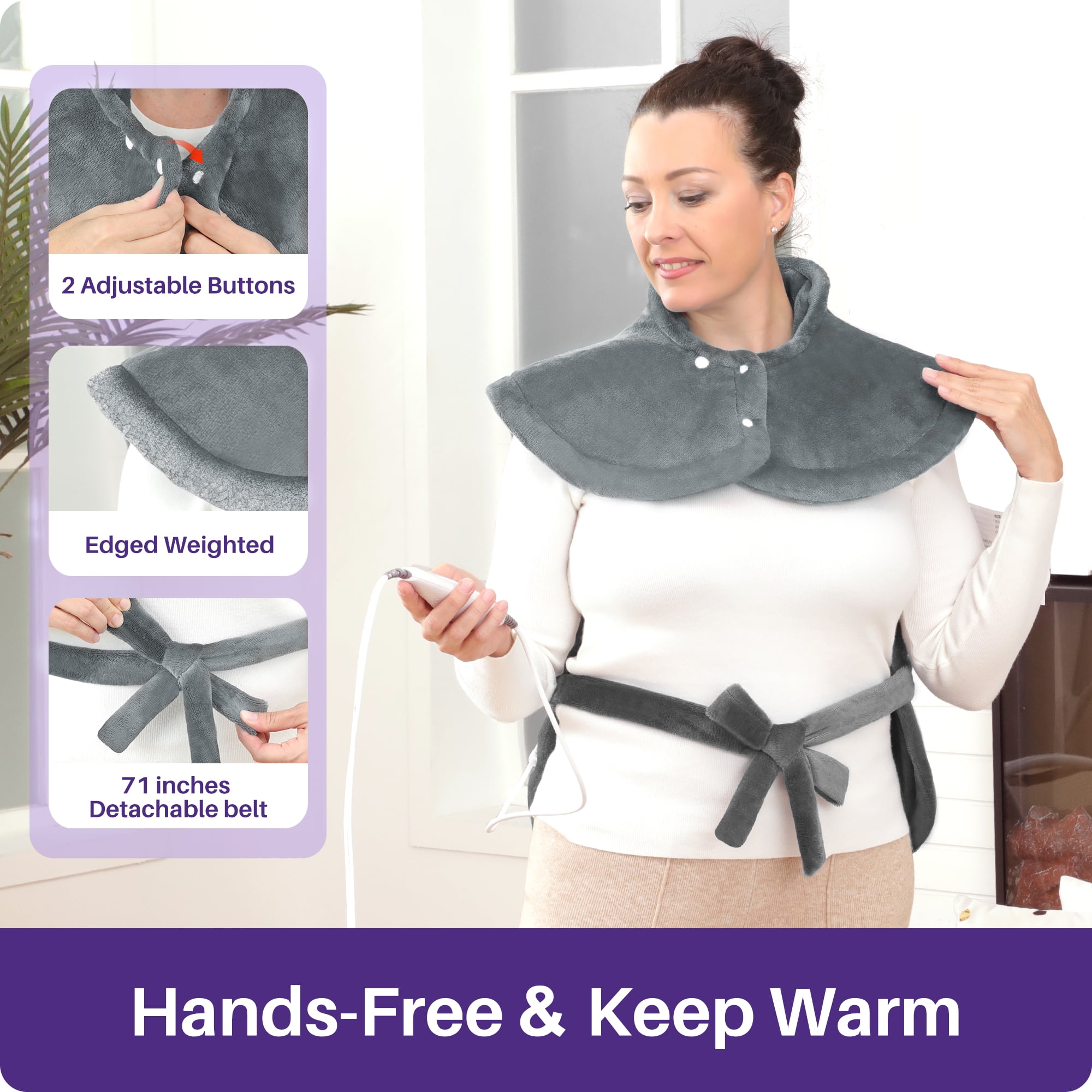 KEKOY Heating Pad for Back, Neck & Shoulders Pain Relief, Wearable Electric Heat Pad with Detachable Belt, 4 Heat Settings, 2-Hour Auto Shut-Off, Fast Heating, 24"x33", Gray
