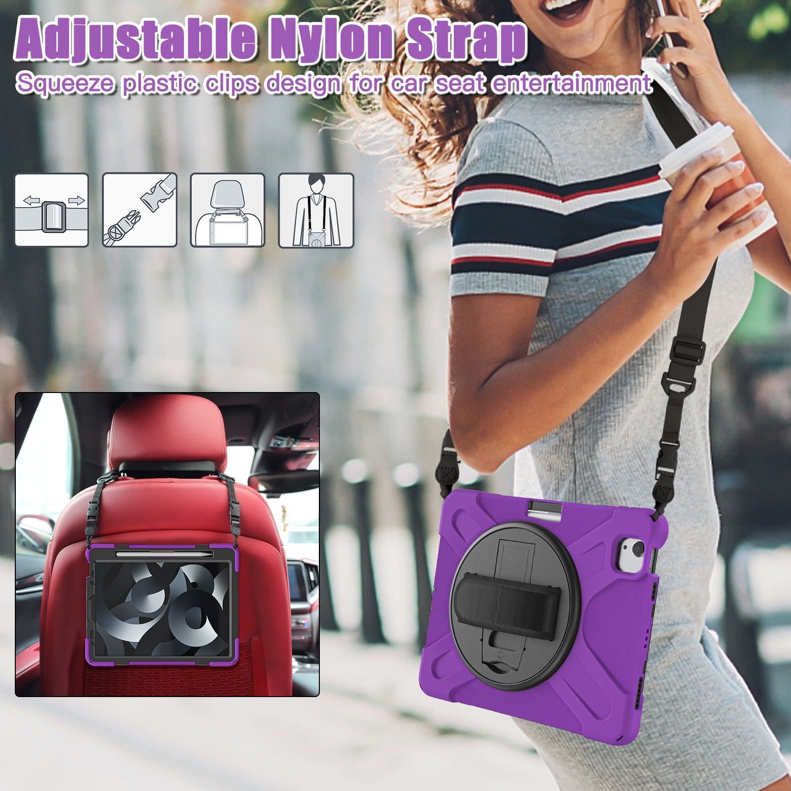 ELEHOLD Case For Apple iPad 11th(A16) 2025/10th Gen 2022, Military Grade Silicone Hybrid Rugged Case with Pencil Holder Rotating Stand Hand/Shoulder Strap,Purple