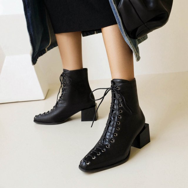 Snake Print Color-blocking Cross-lace Thick-heel Square-toe Women's Short Boots