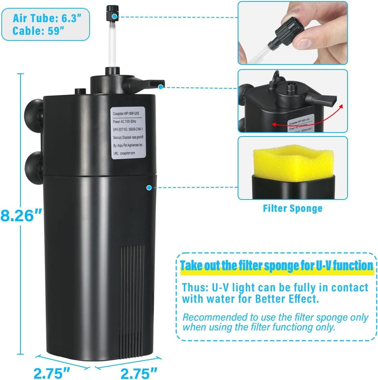 Internal Aquarium Filter with UV Sterilizer, Timer, Bio Sponge, and Air Pump for 20-75 Gallon Freshwater and Saltwater Tanks