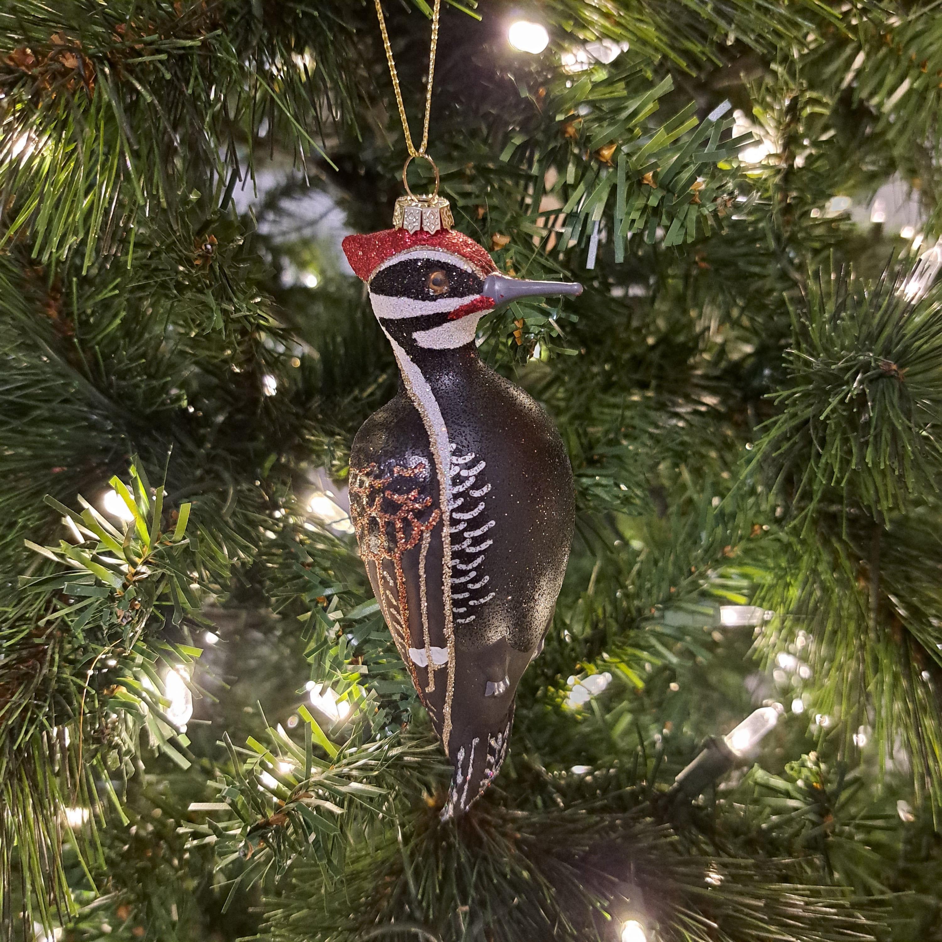 Cobane Studio Pileated Woodpecker Ornament - Blown Glass Bird Ornament for Christmas and Home Decor - Hand Painted and Dusted with Glitter