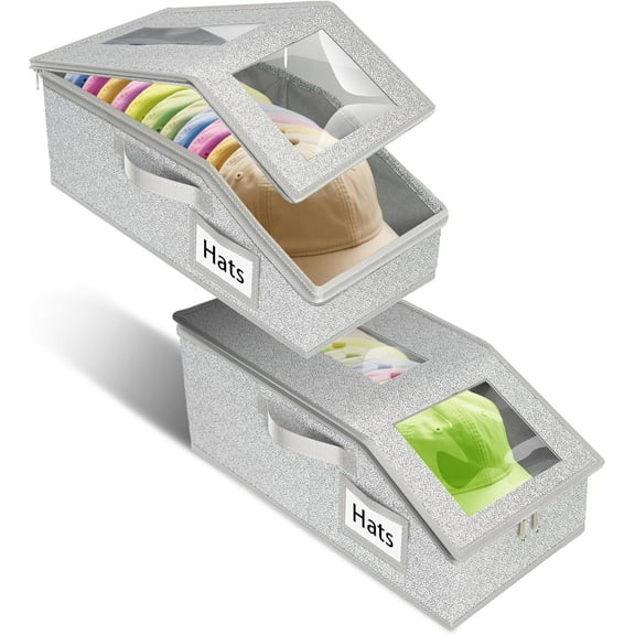 Hnrifc 2 PCS Stackable Hat Storage for Baseball Caps, Holds up to 24 Caps Hat Organizer for Closet, Hat Organizer for Women & MenSturdy Snapback Boxes for Men with Cardboard, Grey