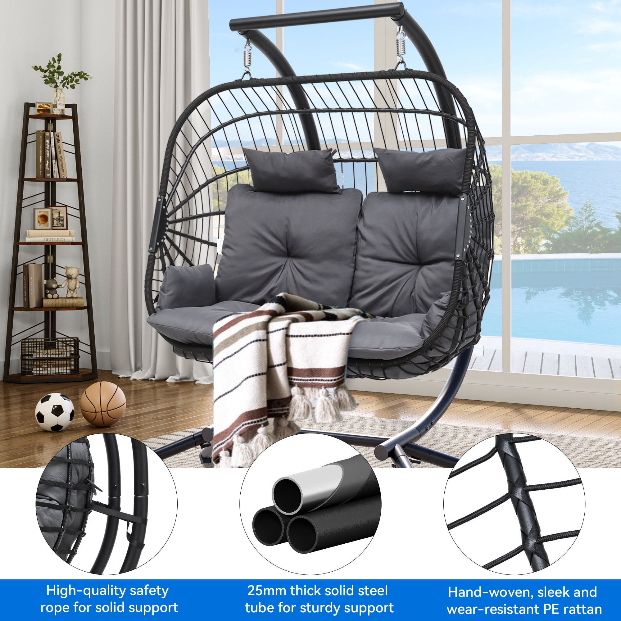 Uforic Outdoor Double Hanging Egg Swing Chair: Opulent Seating for Two, Wicker Rattan Loveseat with Cushions, 500lbs Weight Capacity, Perfect for Poolside and Balcony, Gray