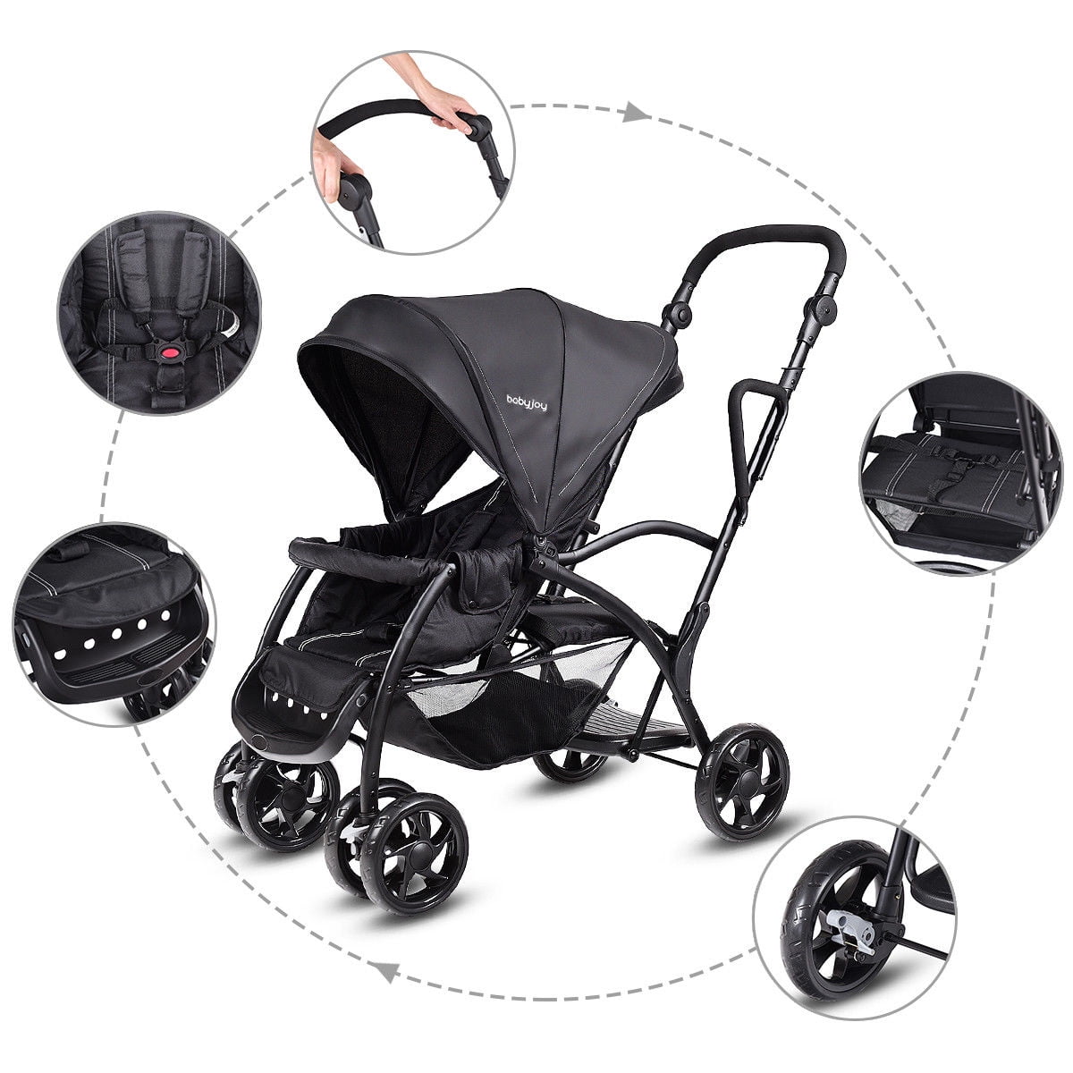Folding Baby Sit and Stand Ultra Tandem Stroller Pushchair Double Kids Black