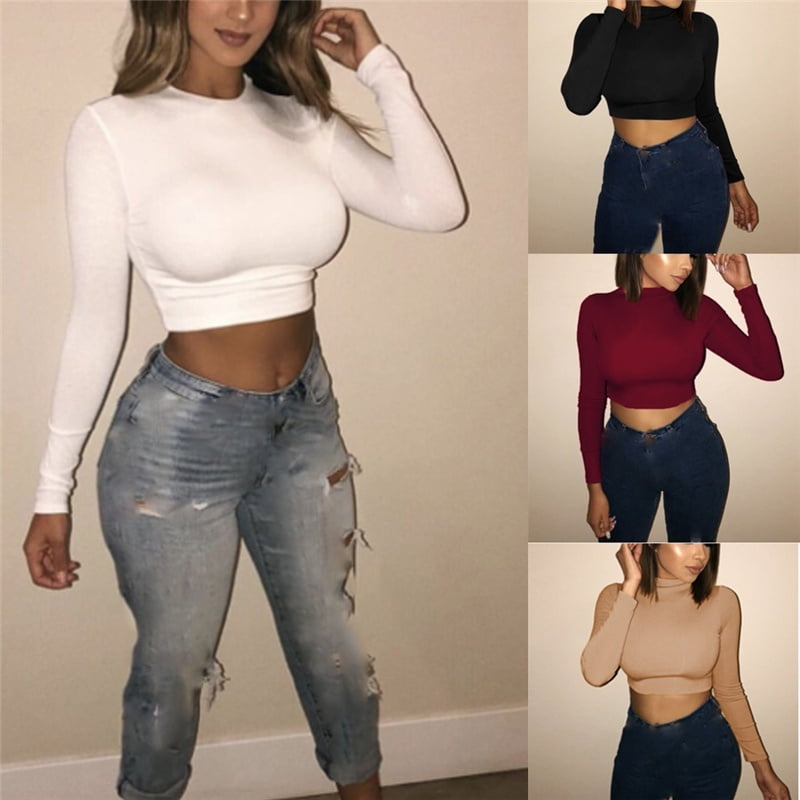 Solid Slim Short Shirts Crop Tops 