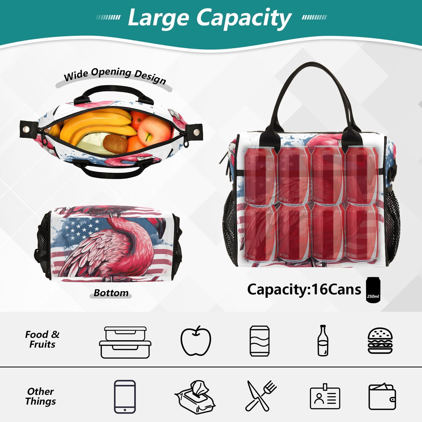 Flamingo American Flag Cooler Bag Lunch Bag Soft Cooler Cooling Tote Insulated Lunch Box for Adult Men Women
