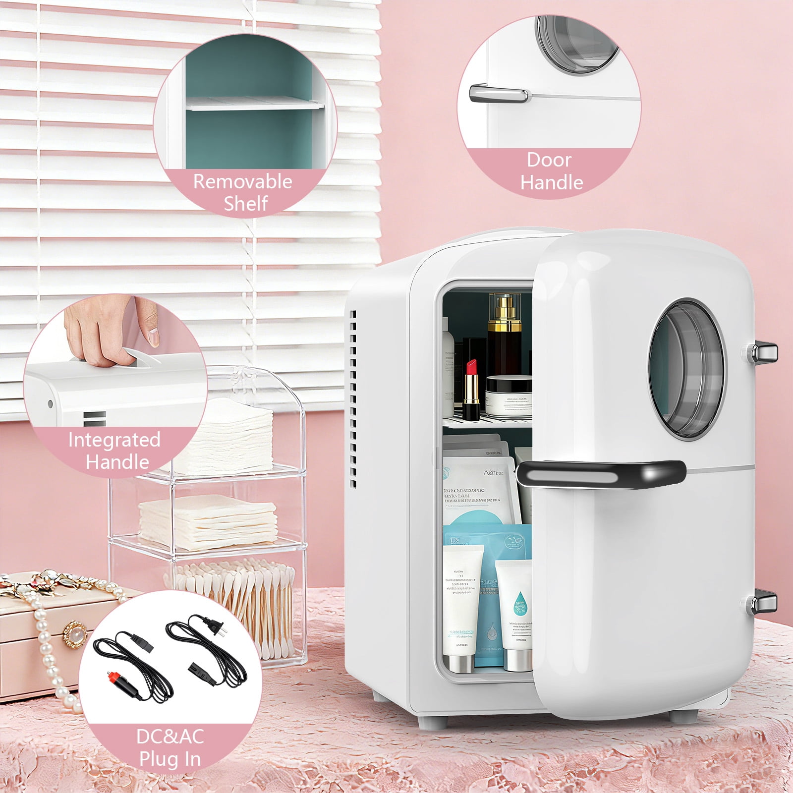 KNDKO Mini Fridge, 4L/6 Cans Cooler and Warmer Compact Refrigerator Skincare, Makeup & Drink, Portable Desk Fridge for Car, Office, Dorm, White