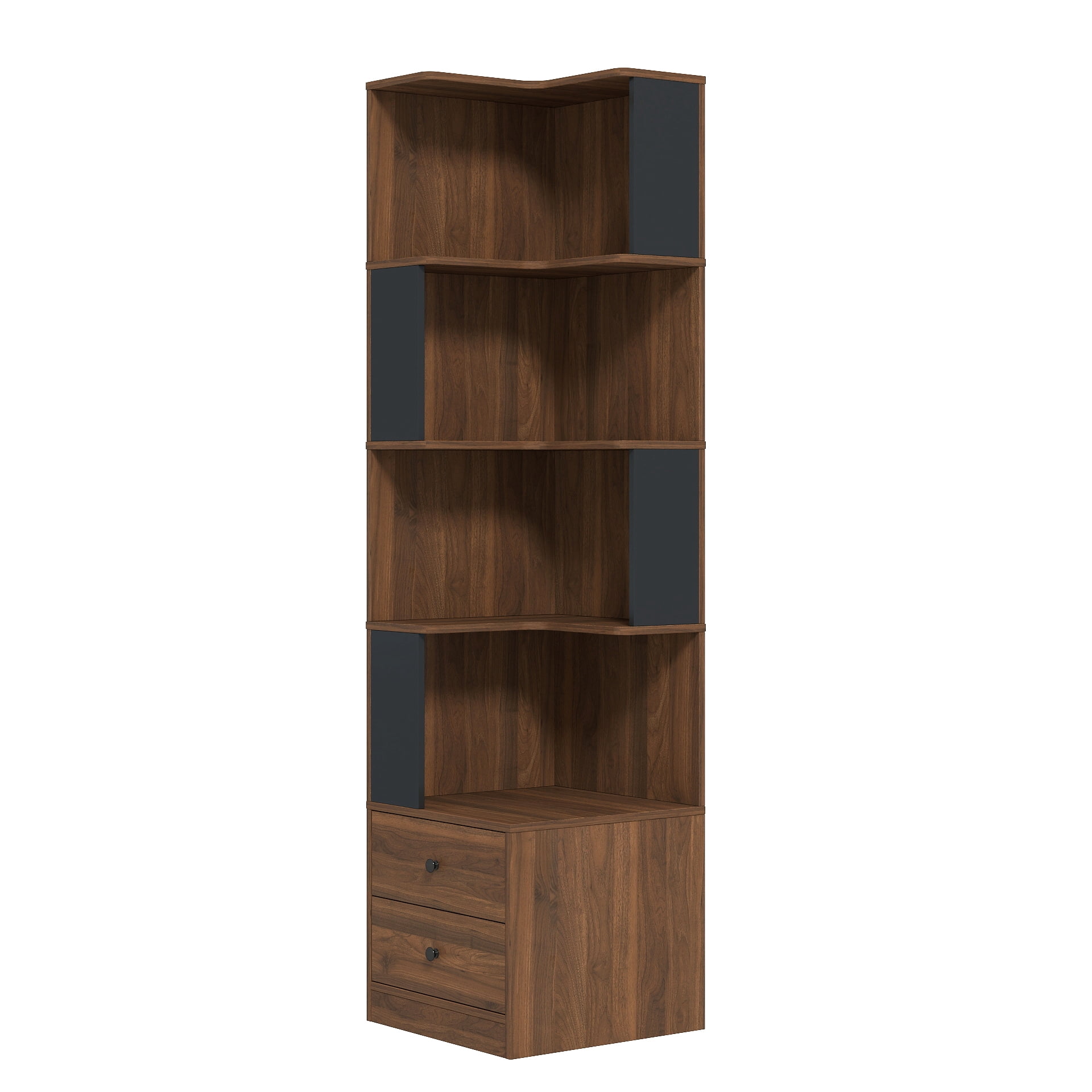 Corner Bookshelf with Drawers, 4-Tier Corner Bookshelf Bookcase with Baffle, Freestanding L Shaped Display Shelf Stand with Led Lights for Home Office, Living Room, Bedroom, Kitchen